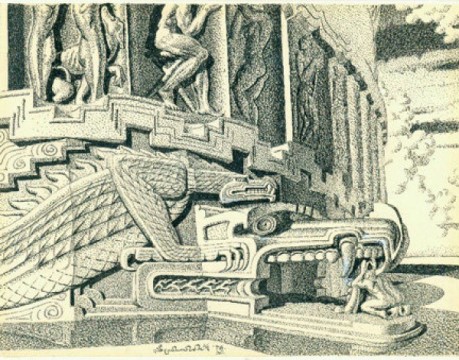 "Architectural Entrance," a 1978 pen and ink on paper by Stanislav Szukalski. On view at Cal State Fullerton's Begovich Gallery through March 7.